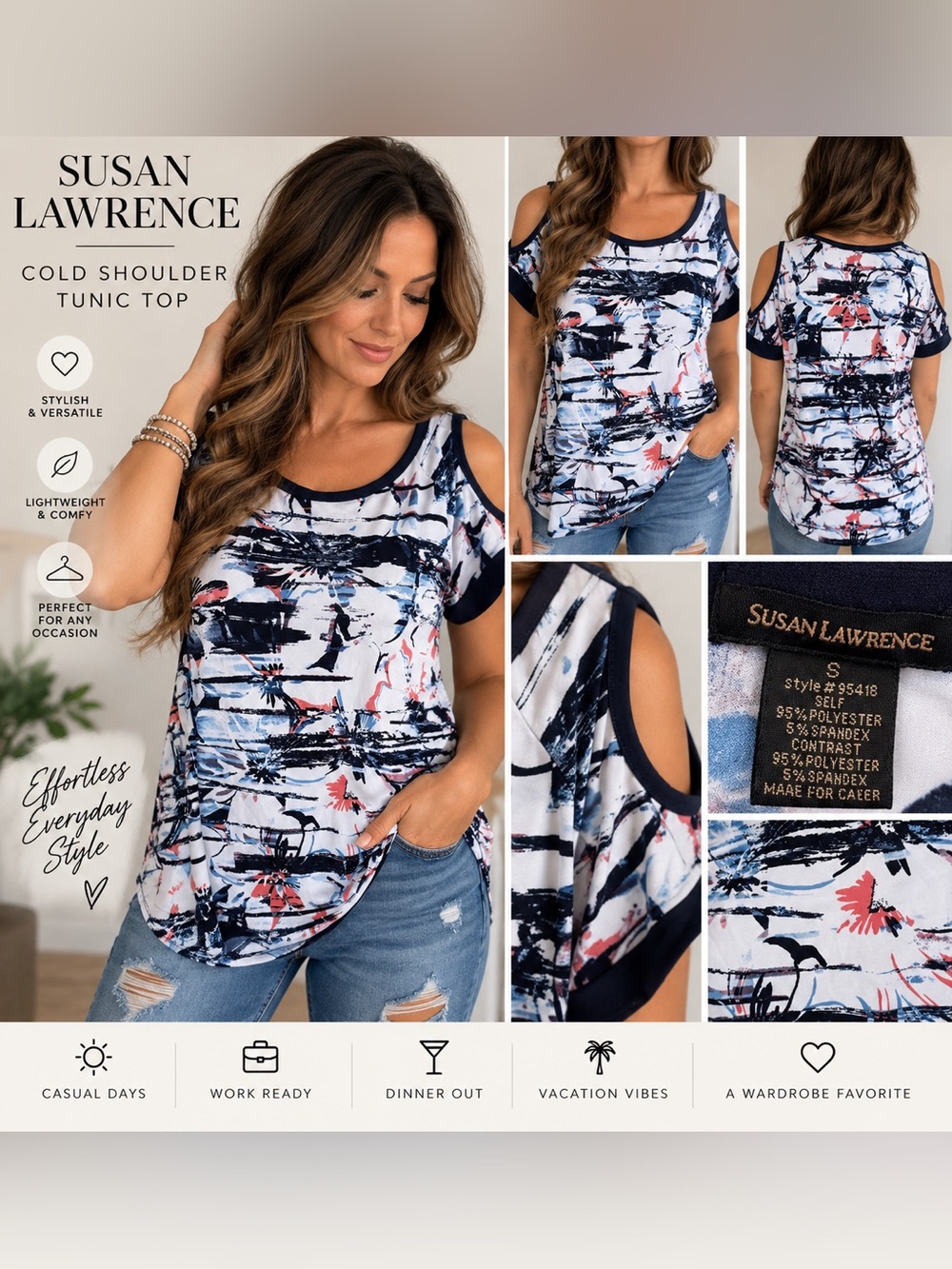 Susan Lawrence Navy, White & Pink Cold-Shoulder Abstract Print Tank